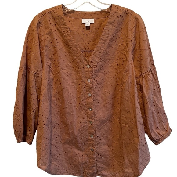 J. Jill Small Tan Eyelet 3/4 Sleeve Peplum Neutral Minimal Blouse Top G1 - Picture 1 of 4